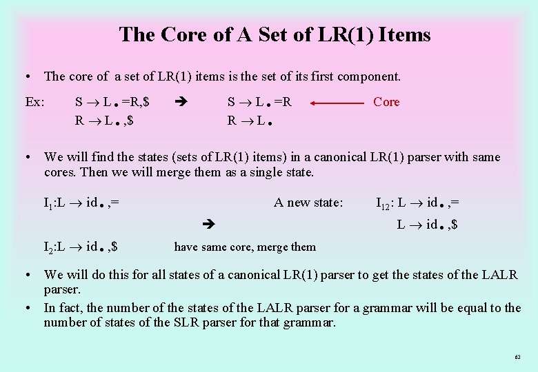 The Core of A Set of LR(1) Items • The core of a set