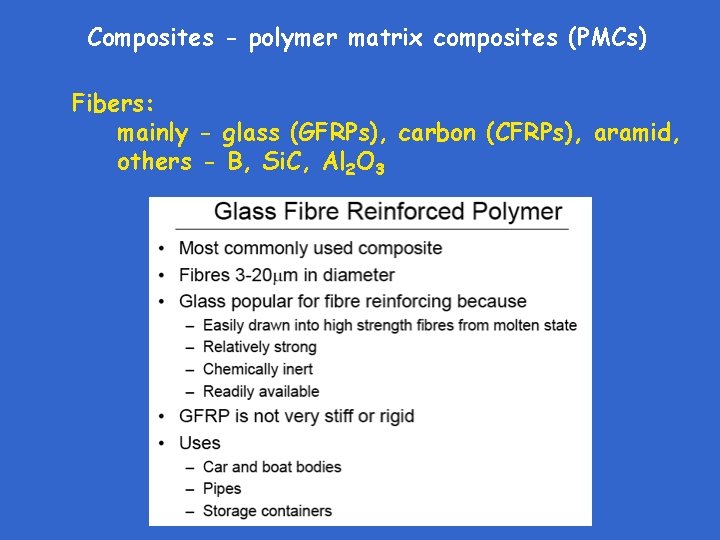 Composites - polymer matrix composites (PMCs) Fibers: mainly - glass (GFRPs), carbon (CFRPs), aramid,
