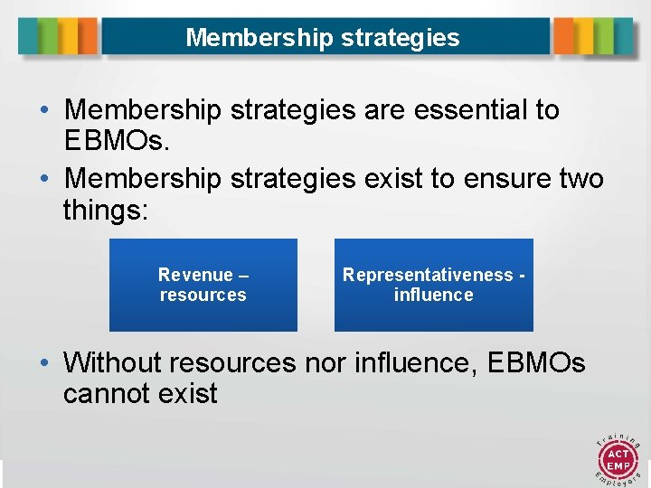 Membership strategies • Membership strategies are essential to EBMOs. • Membership strategies exist to
