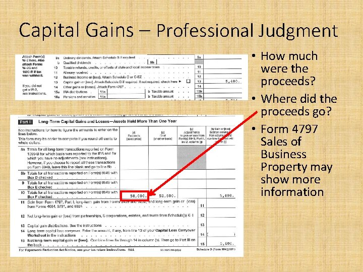 Capital Gains – Professional Judgment • How much were the proceeds? • Where did