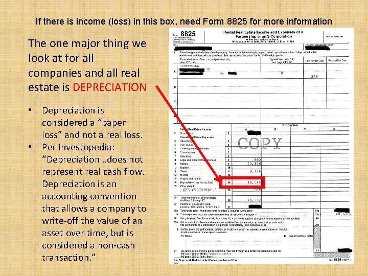 If there is income (loss) in this box, need Form 8825 for more information