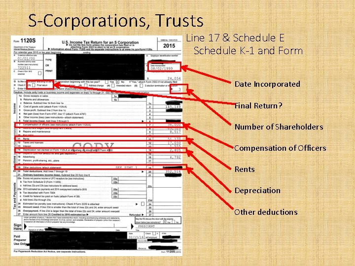 S-Corporations, Trusts 1120 -S Line 17 & Schedule E Schedule K-1 and Form Date