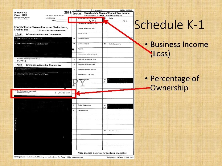 Schedule K-1 • Business Income (Loss) • Percentage of Ownership 