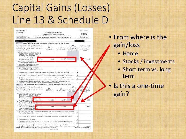 Capital Gains (Losses) Line 13 & Schedule D • From where is the gain/loss