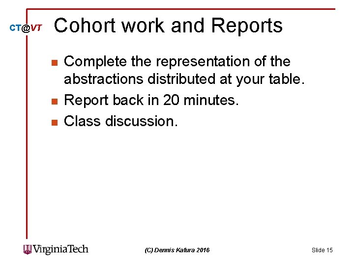 CT@VT Cohort work and Reports n n n Complete the representation of the abstractions CT@VT Cohort work and Reports n n n Complete the representation of the abstractions
