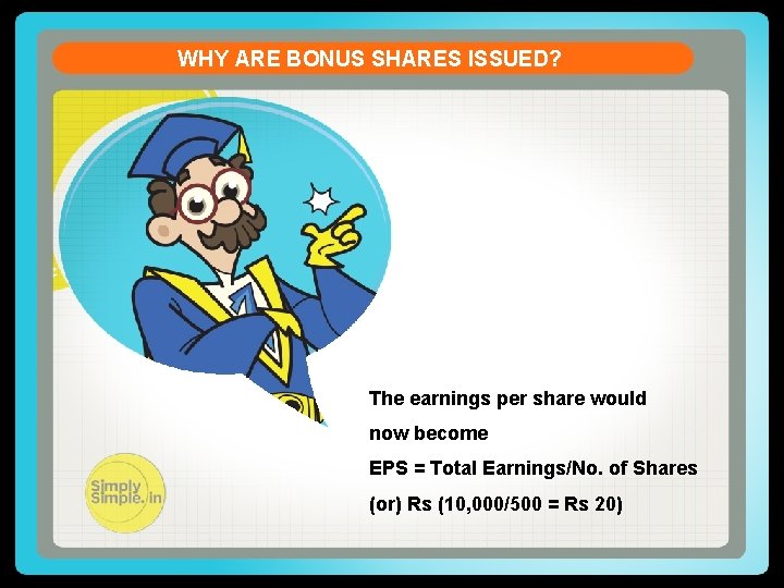 WHY ARE BONUS SHARES ISSUED? The earnings per share would now become EPS =