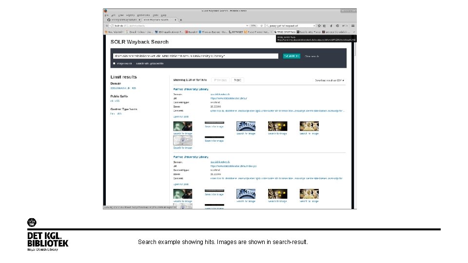 Search example showing hits. Images are shown in search-result. 