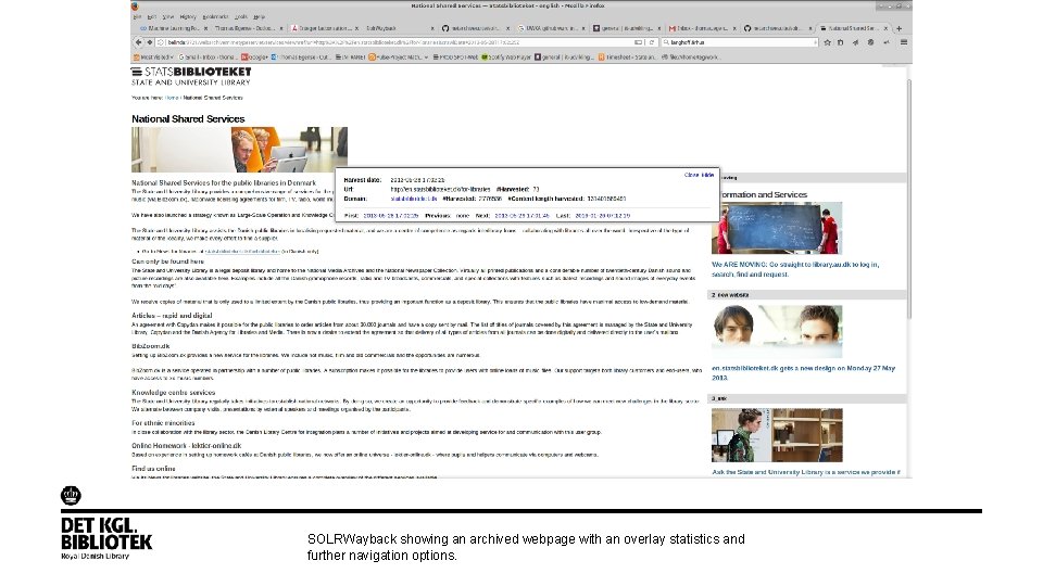 SOLRWayback showing an archived webpage with an overlay statistics and further navigation options. 