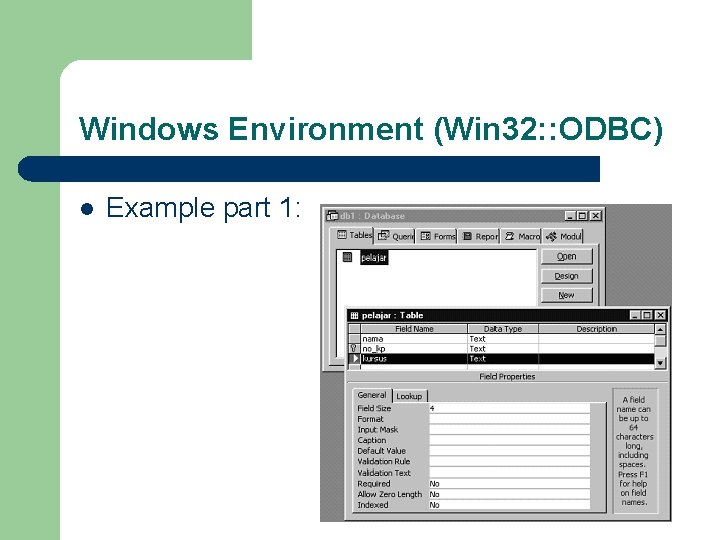 Windows Environment (Win 32: : ODBC) l Example part 1: Windows Environment (Win 32: : ODBC) l Example part 1: