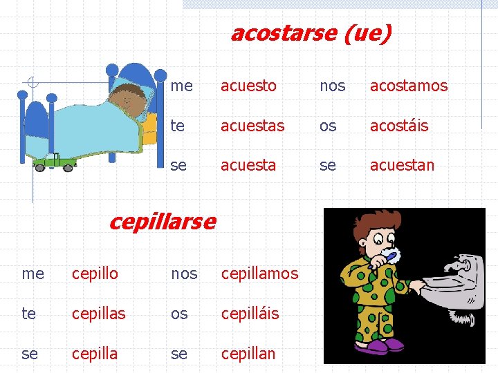 acostarse (ue) me acuesto nos acostamos te acuestas os acostáis se acuestan cepillarse me