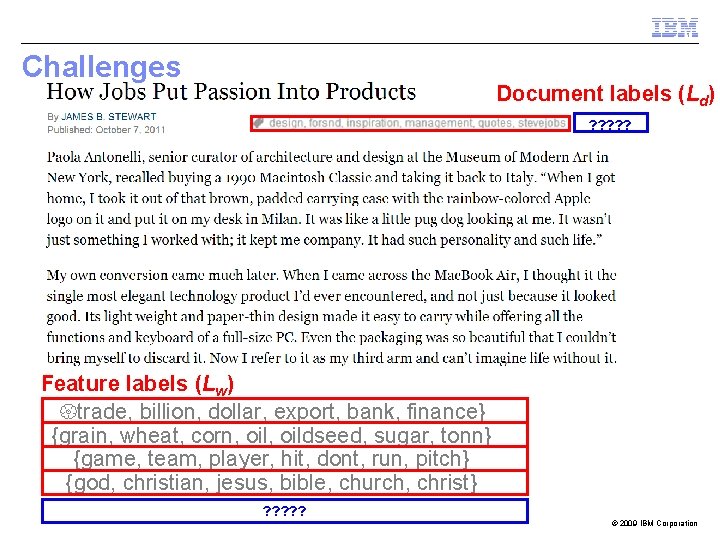 Challenges Document labels (Ld) ? ? ? Feature labels (Lw) {trade, billion, dollar, export,