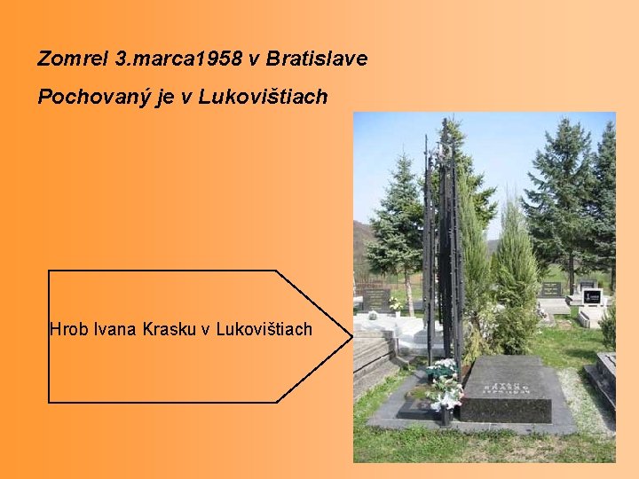 Zomrel 3. marca 1958 v Bratislave Pochovaný je v Lukovištiach Hrob Ivana Krasku v