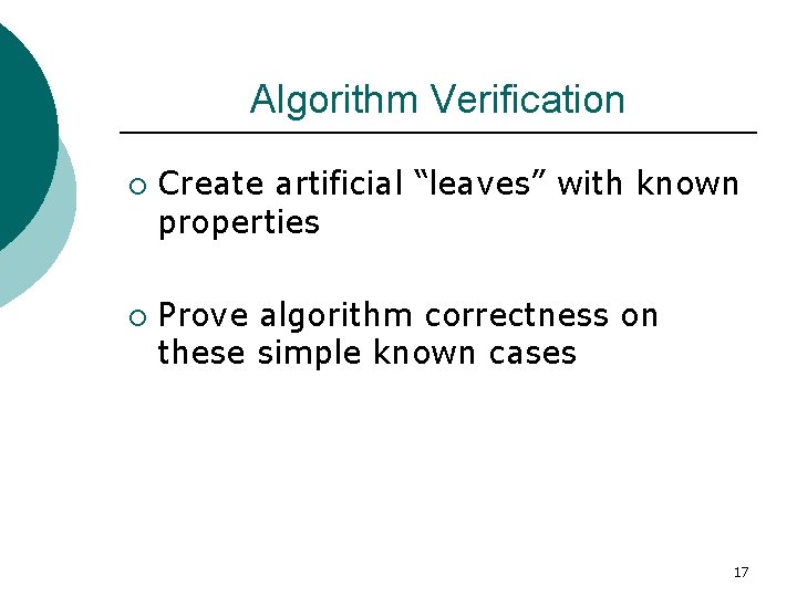 Algorithm Verification ¡ ¡ Create artificial “leaves” with known properties Prove algorithm correctness on