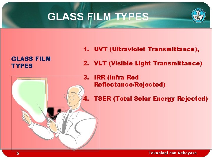 GLASS FILM TYPES 1. UVT (Ultraviolet Transmittance), GLASS FILM TYPES 2. VLT (Visible Light