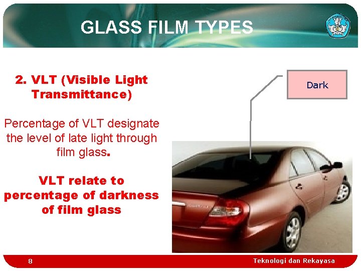 GLASS FILM TYPES 2. VLT (Visible Light Transmittance) Dark Percentage of VLT designate the
