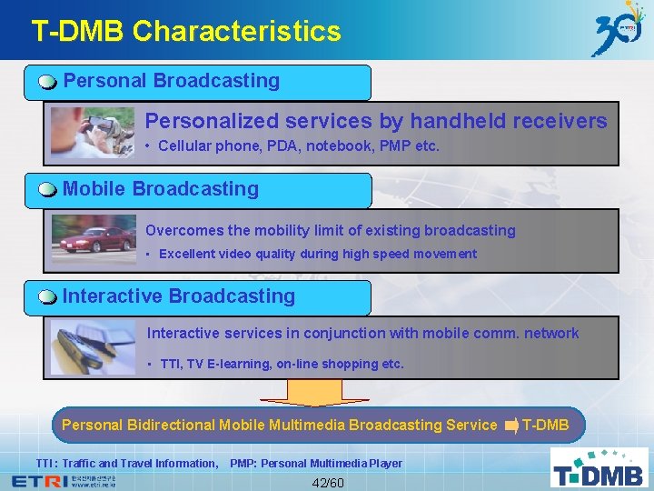 T-DMB Characteristics Personal Broadcasting Personalized services by handheld receivers • Cellular phone, PDA, notebook,