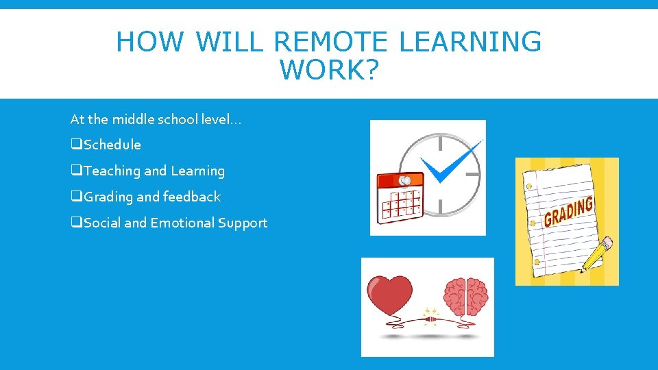 HOW WILL REMOTE LEARNING WORK? At the middle school level… q. Schedule q. Teaching