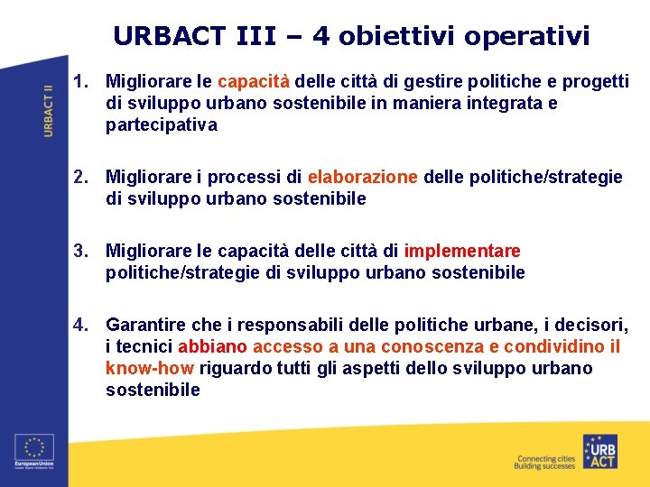 URBACT III – 4 obiettivi operativi 1. Migliorare le capacità delle città di gestire