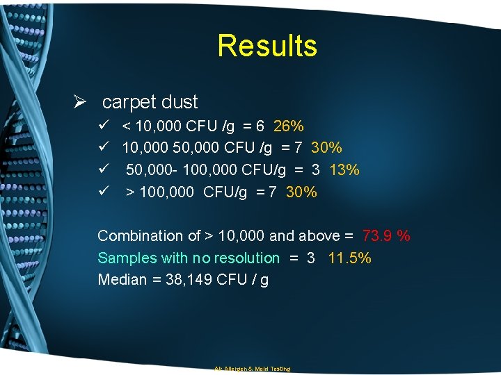 Results Ø carpet dust ü < 10, 000 CFU /g = 6 26% ü