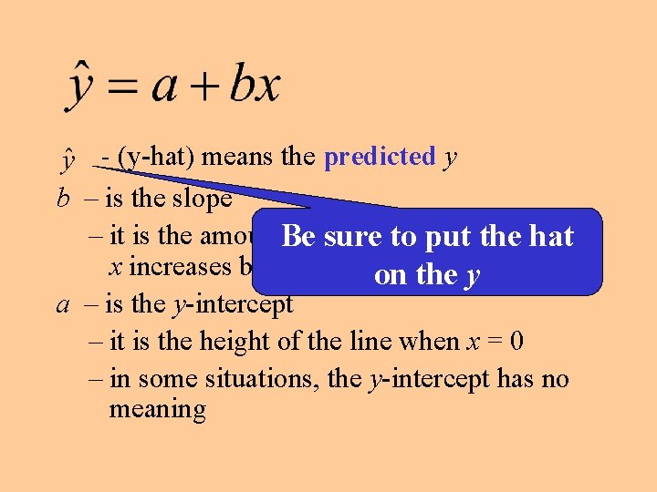 - (y-hat) means the predicted y b – is the slope – it is