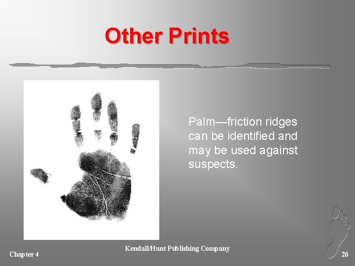 Other Prints Palm—friction ridges can be identified and may be used against suspects. Chapter