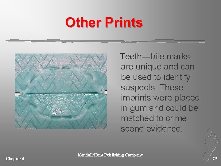 Other Prints Teeth—bite marks are unique and can be used to identify suspects. These