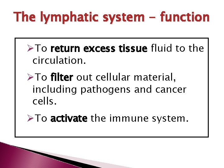 The lymphatic system - function ØTo return excess tissue fluid to the circulation. ØTo