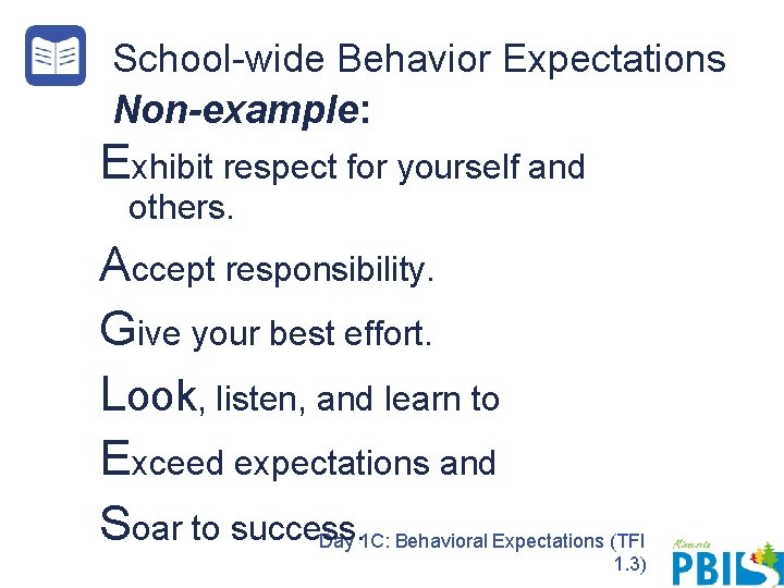 School-wide Behavior Expectations Non-example: Exhibit respect for yourself and others. Accept responsibility. Give your