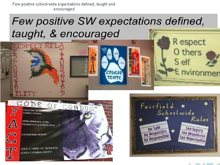 Few positive school-wide expectations defined, taught and encouraged Day 1 C: Behavioral Expectations (TFI