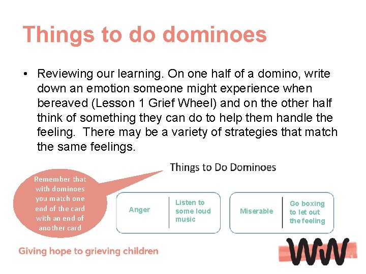 Things to do dominoes • Reviewing our learning. On one half of a domino,