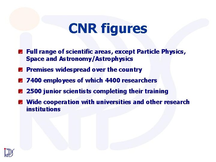 CNR figures Full range of scientific areas, except Particle Physics, Space and Astronomy/Astrophysics Premises