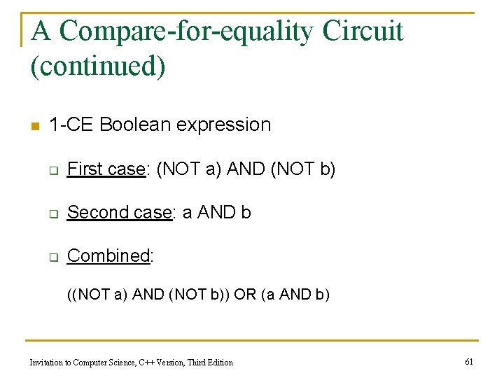 A Compare-for-equality Circuit (continued) n 1 -CE Boolean expression q First case: (NOT a)