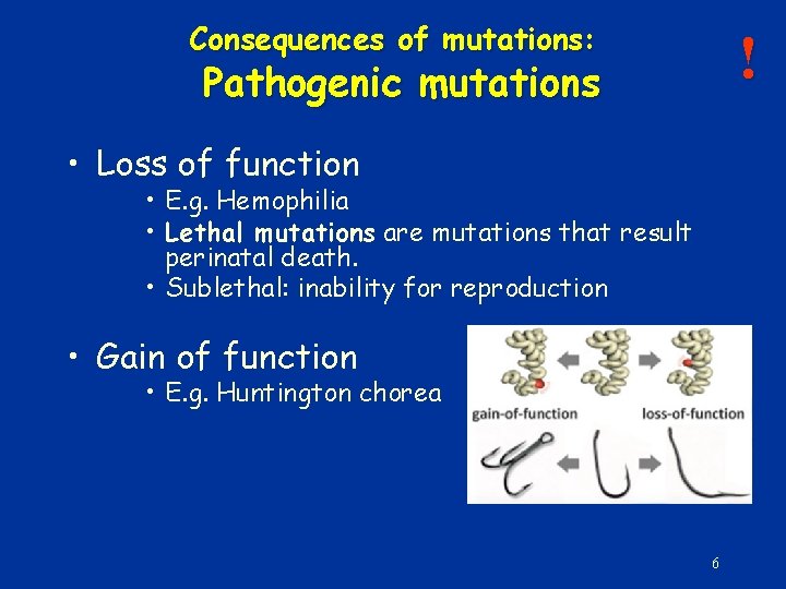 Consequences of mutations: ! Pathogenic mutations • Loss of function • E. g. Hemophilia