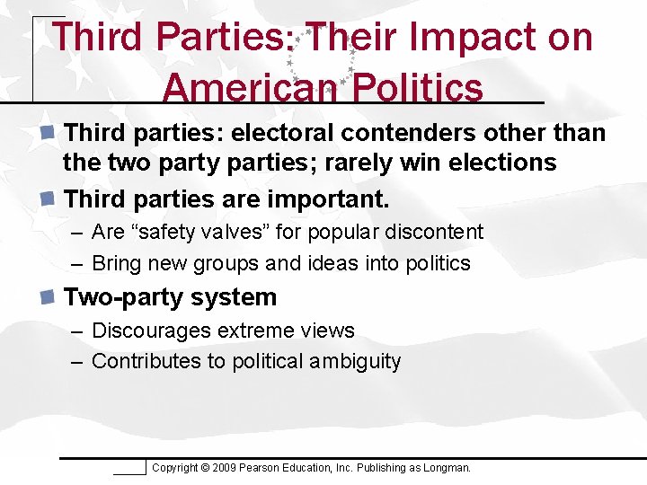 Third Parties: Their Impact on American Politics Third parties: electoral contenders other than the