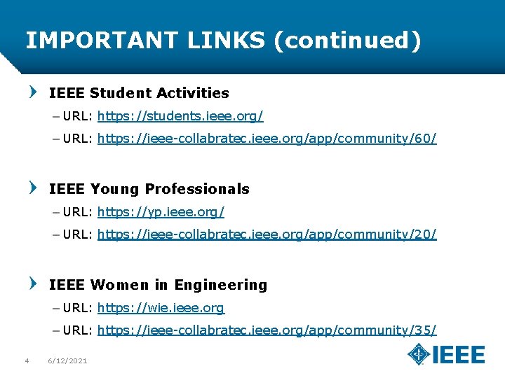 IMPORTANT LINKS (continued) IEEE Student Activities – URL: https: //students. ieee. org/ – URL: