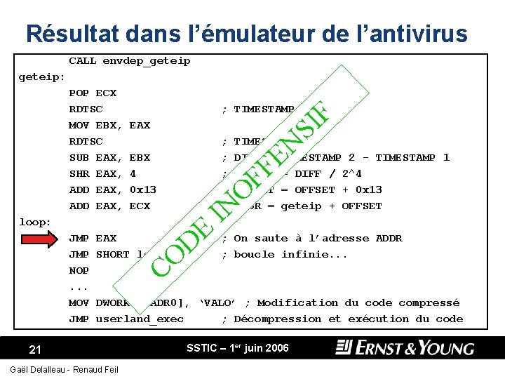 Résultat dans l’émulateur de l’antivirus CALL envdep_geteip: POP ECX RDTSC MOV EBX, RDTSC SUB