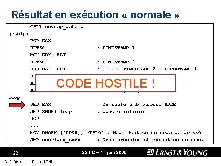 Résultat en exécution « normale » CALL envdep_geteip: POP ECX RDTSC MOV EBX, RDTSC