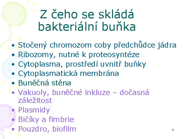 Z čeho se skládá bakteriální buňka • • • Stočený chromozom coby předchůdce jádra