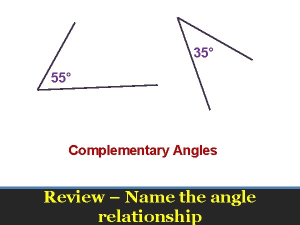 35° 55° Complementary Angles Review – Name the angle relationship 