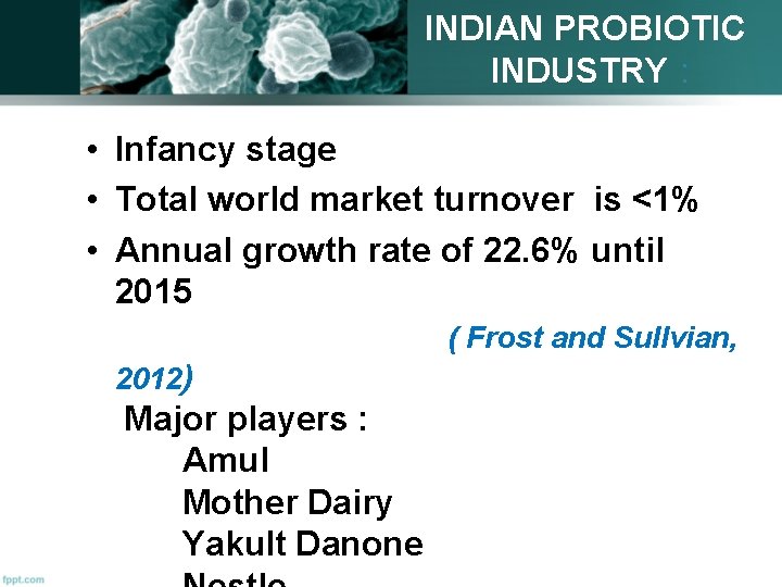 INDIAN PROBIOTIC INDUSTRY : • Infancy stage • Total world market turnover is <1%