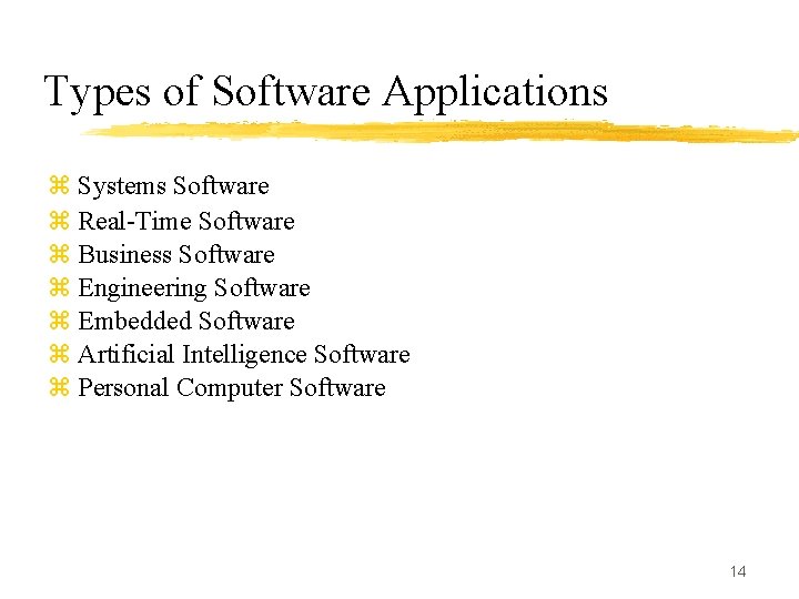 Types of Software Applications z Systems Software z Real-Time Software z Business Software z