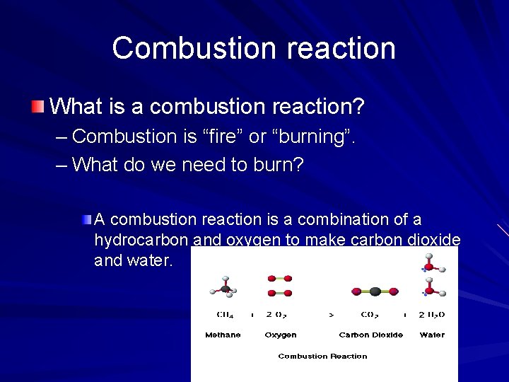 Combustion reaction What is a combustion reaction? – Combustion is “fire” or “burning”. –