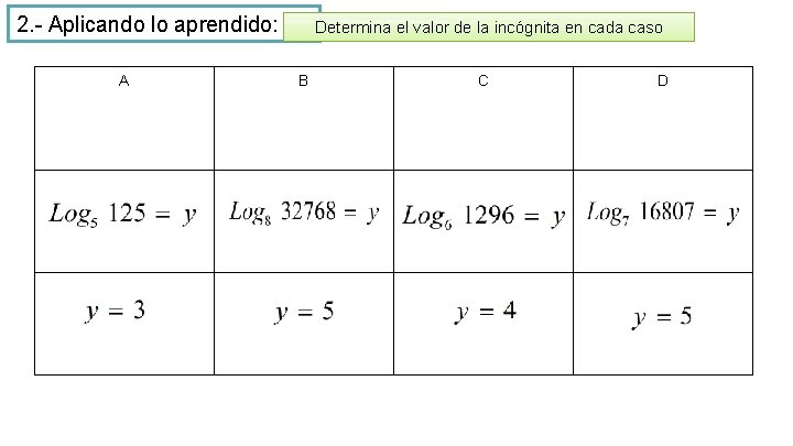 2. - Aplicando lo aprendido: A Determina el valor de la incógnita en cada