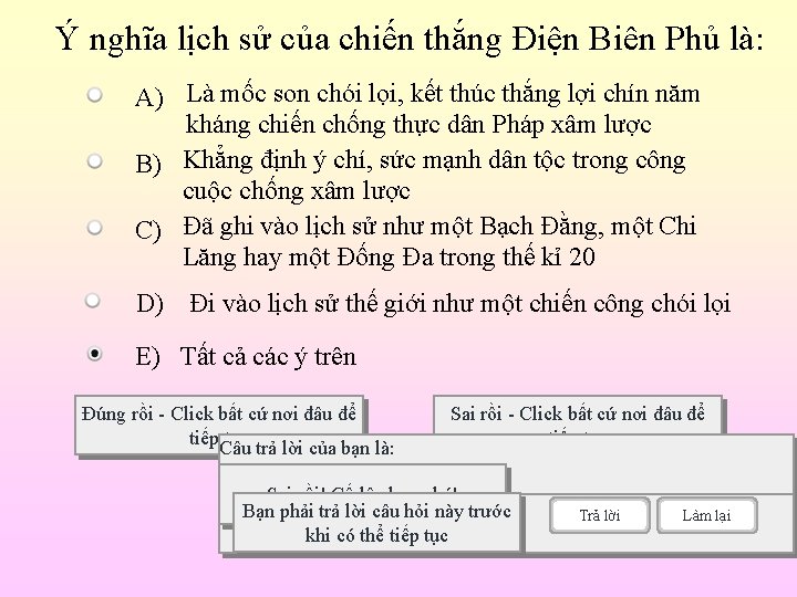 Ý nghĩa lịch sử của chiến thắng Điện Biên Phủ là: A) Là mốc