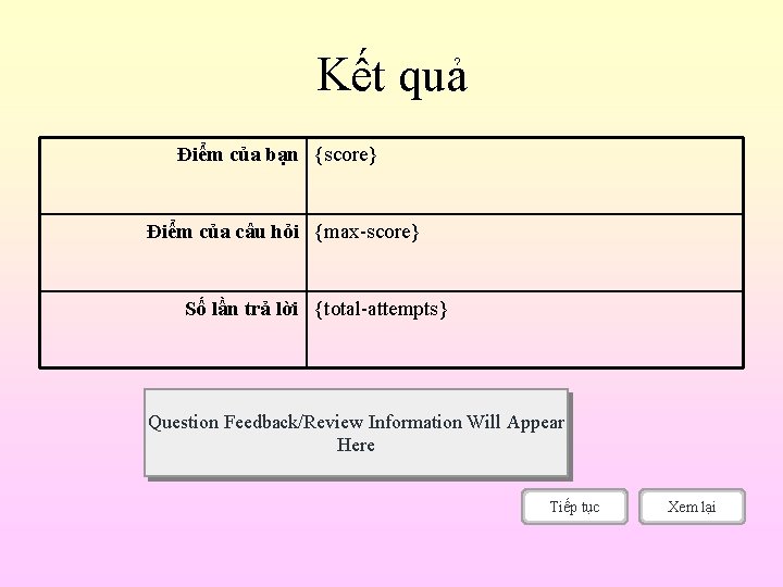 Kết quả Điểm của bạn {score} Điểm của câu hỏi {max-score} Số lần trả