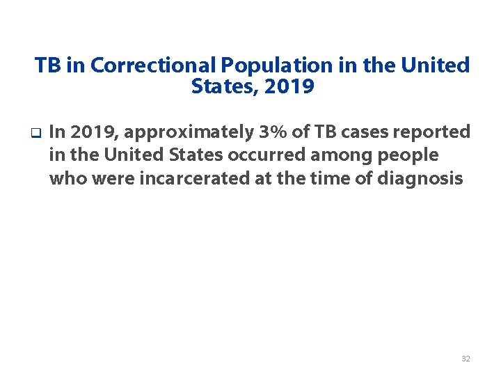 TB in Correctional Population in the United States, 2019 q In 2019, approximately 3%