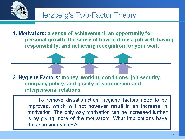 Herzberg’s Two-Factor Theory 1. Motivators: a sense of achievement, an opportunity for personal growth,