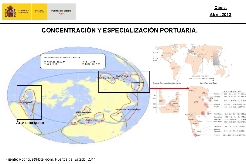 Cádiz, Abril, 2013 CONCENTRACIÓN Y ESPECIALIZACIÓN PORTUARIA. Área emergente Fuente: Rodrigue&Noteboom. Puertos del Estado,