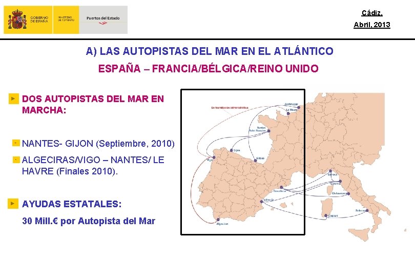 Cádiz, Abril, 2013 A) LAS AUTOPISTAS DEL MAR EN EL ATLÁNTICO ESPAÑA – FRANCIA/BÉLGICA/REINO