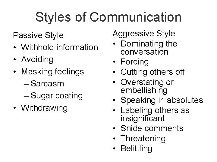 Styles of Communication Passive Style • Withhold information • Avoiding • Masking feelings –